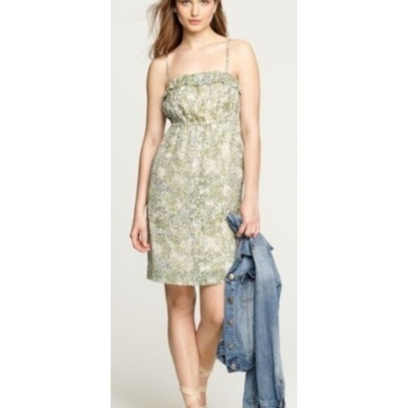 J Crew Floral Green & Cream Sleeveless Silk Dress Size 8 Adjustable Straps - Picture 1 of 12